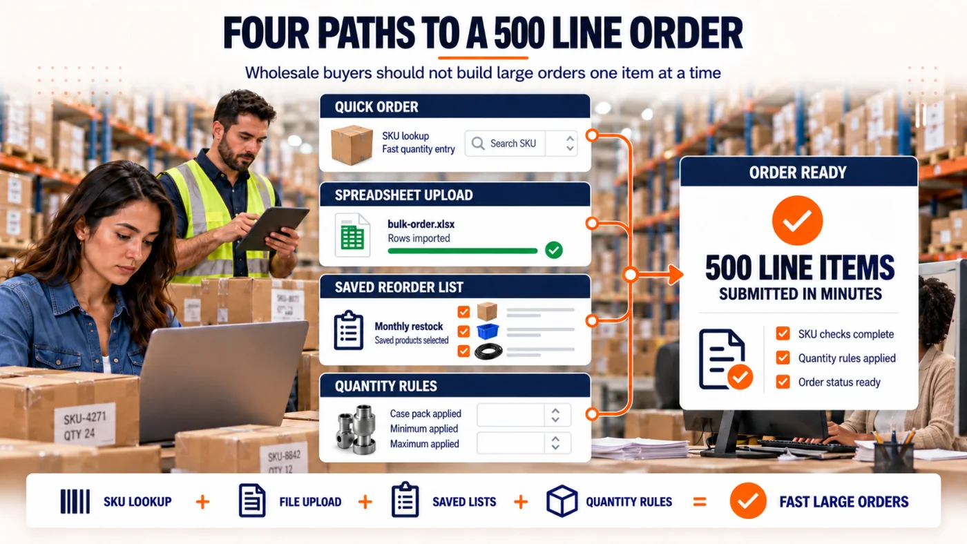 Wholesale buyer and sales staff use SKU lookup, spreadsheet upload, saved reorder lists, and quantity rules to submit a 500 line order in minutes.
