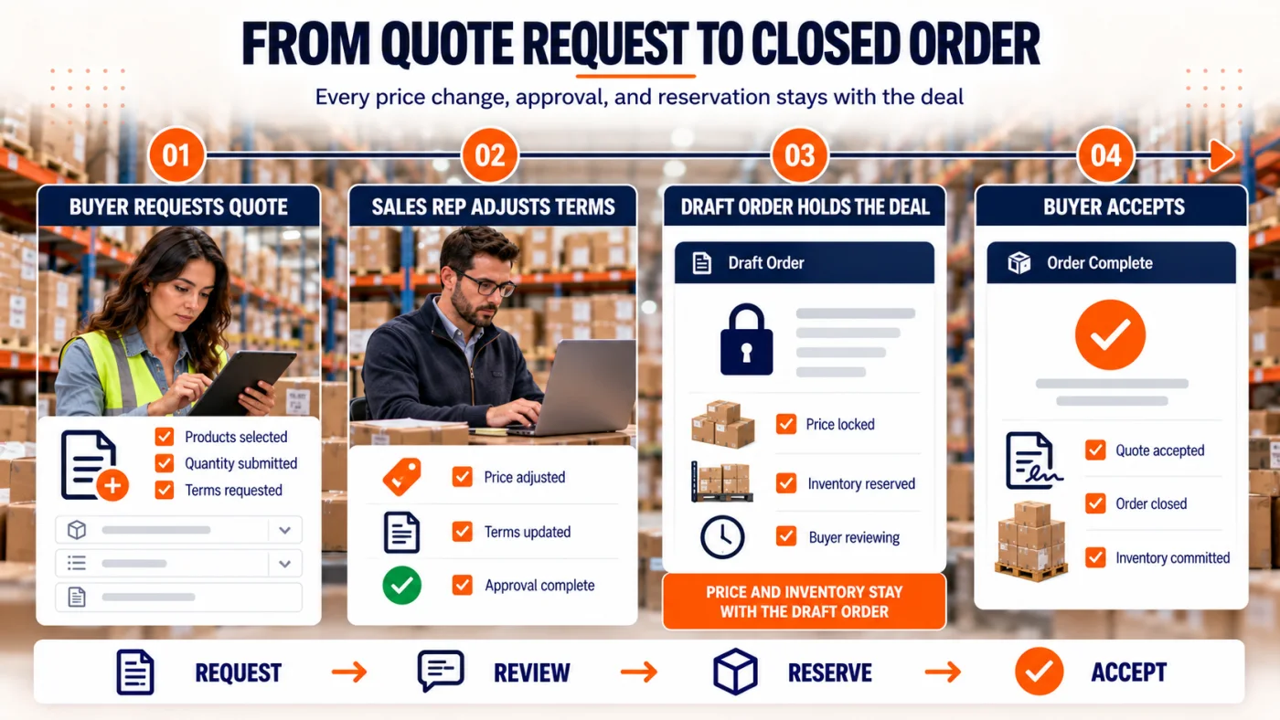 Quote to order lifecycle showing a buyer request, sales rep adjustments, a draft order with locked pricing and reserved inventory, buyer acceptance, and order closure.