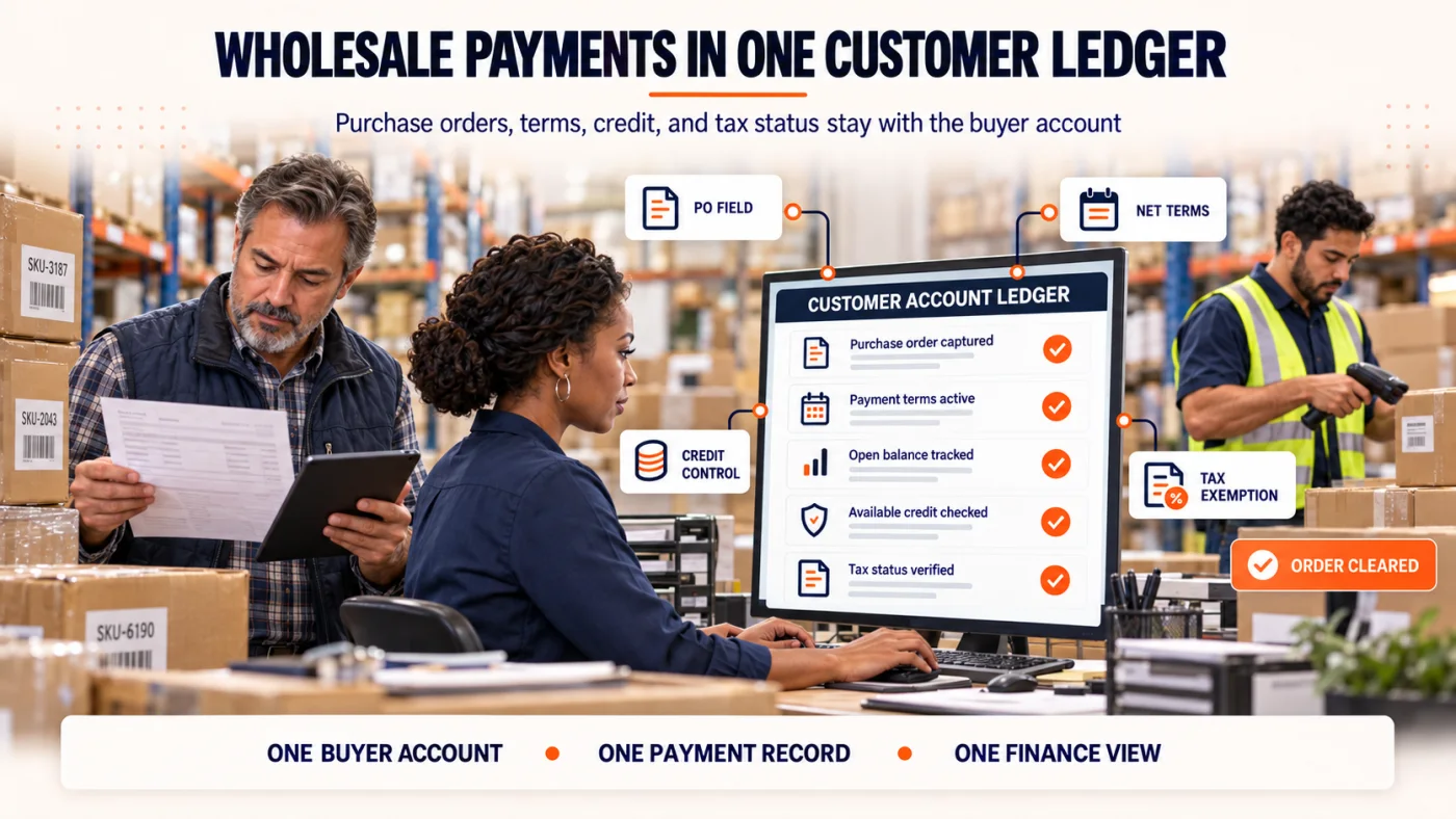 Wholesale buyer, finance manager, and warehouse worker use one customer account ledger to track purchase orders, payment terms, credit, tax status, and order clearance.