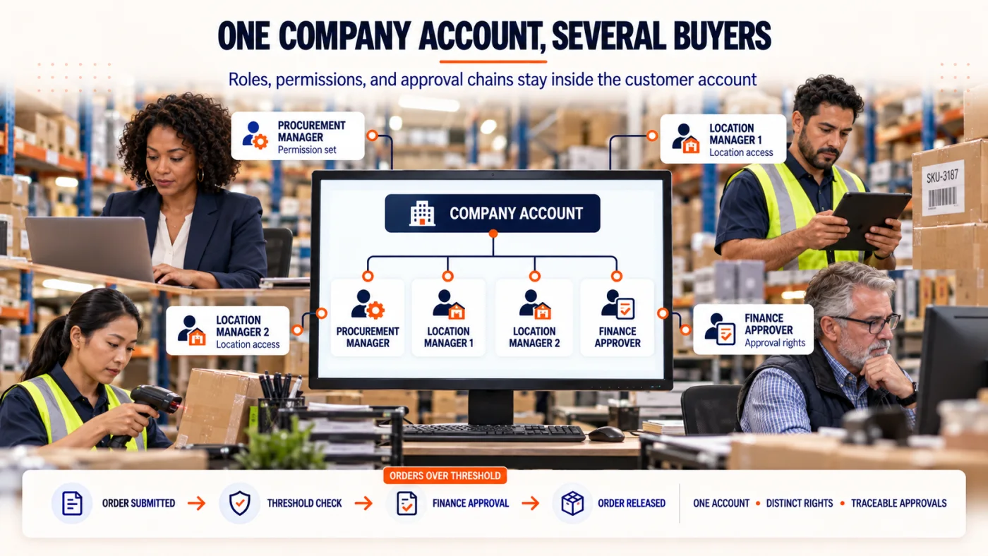 Hierarchy diagram of a buying company showing procurement manager, two location managers, finance approver, and the permission connections between them.