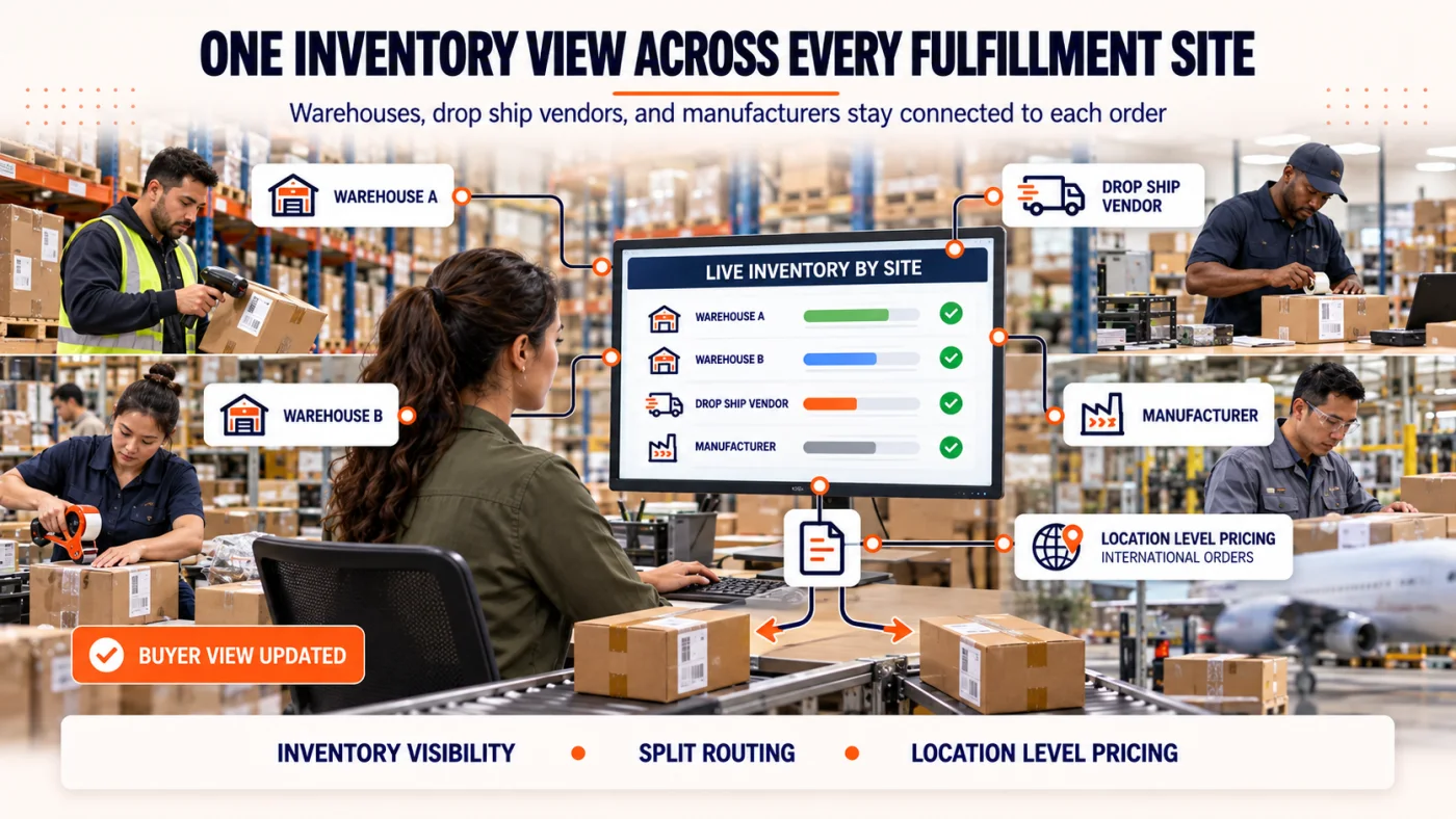 Wholesale operations team viewing inventory across two warehouses, a drop ship vendor, and a manufacturer, with split shipment routing and location level pricing for international orders.