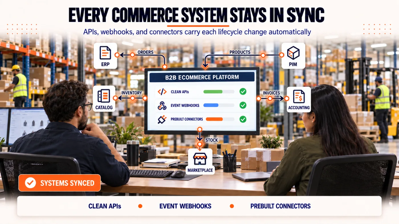 Wholesale operations team monitoring a B2B e-commerce platform that syncs products, orders, inventory, invoices, and marketplace stock through clean APIs, event webhooks, and prebuilt connectors.
