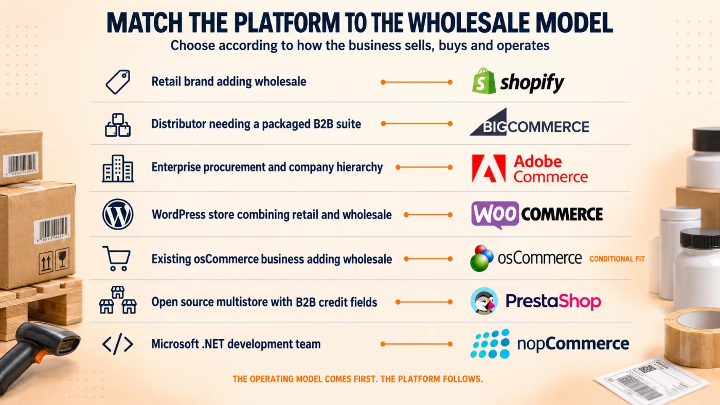 Branching decision diagram starting with the question What is your wholesale operating model and ending in seven primary platform picks across Shopify B2B, BigCommerce B2B Edition, Adobe Commerce B2B, WooCommerce, osCommerce v4, PrestaShop, and nopCommerce.