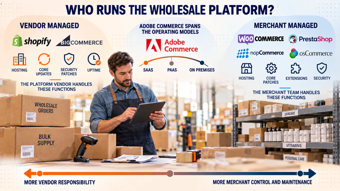 Wholesale e-commerce platform spectrum showing Shopify, BigCommerce, and Adobe SaaS under vendor management, Adobe Cloud under shared responsibility, and WooCommerce, PrestaShop, nopCommerce, osCommerce, and Adobe on premises under merchant management.