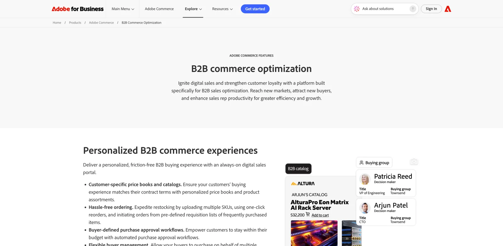 Adobe Commerce B2B admin showing company account hierarchy and shared catalogs