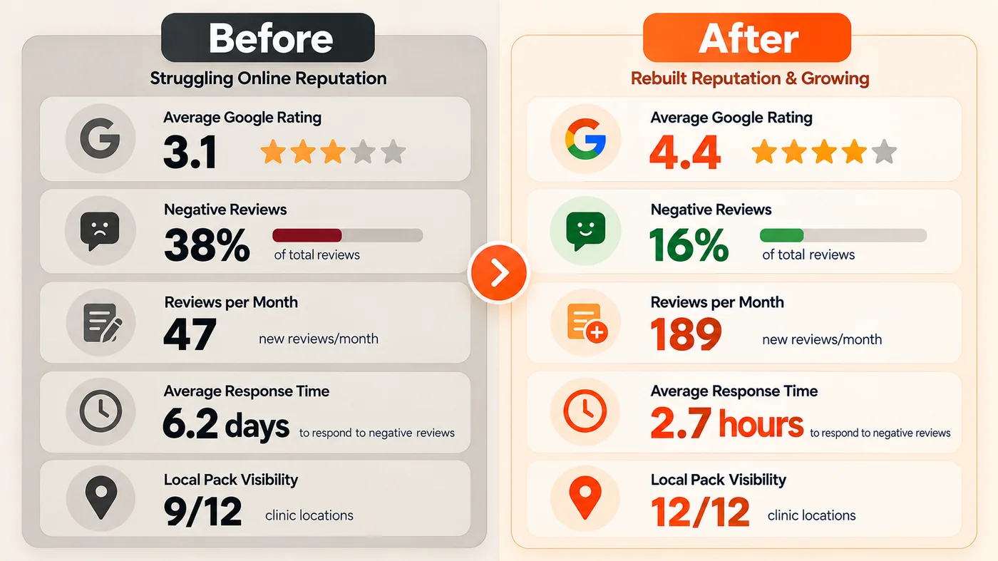 Before and after comparison of online reputation metrics for orthopedic practice showing improvement across all KPIs
