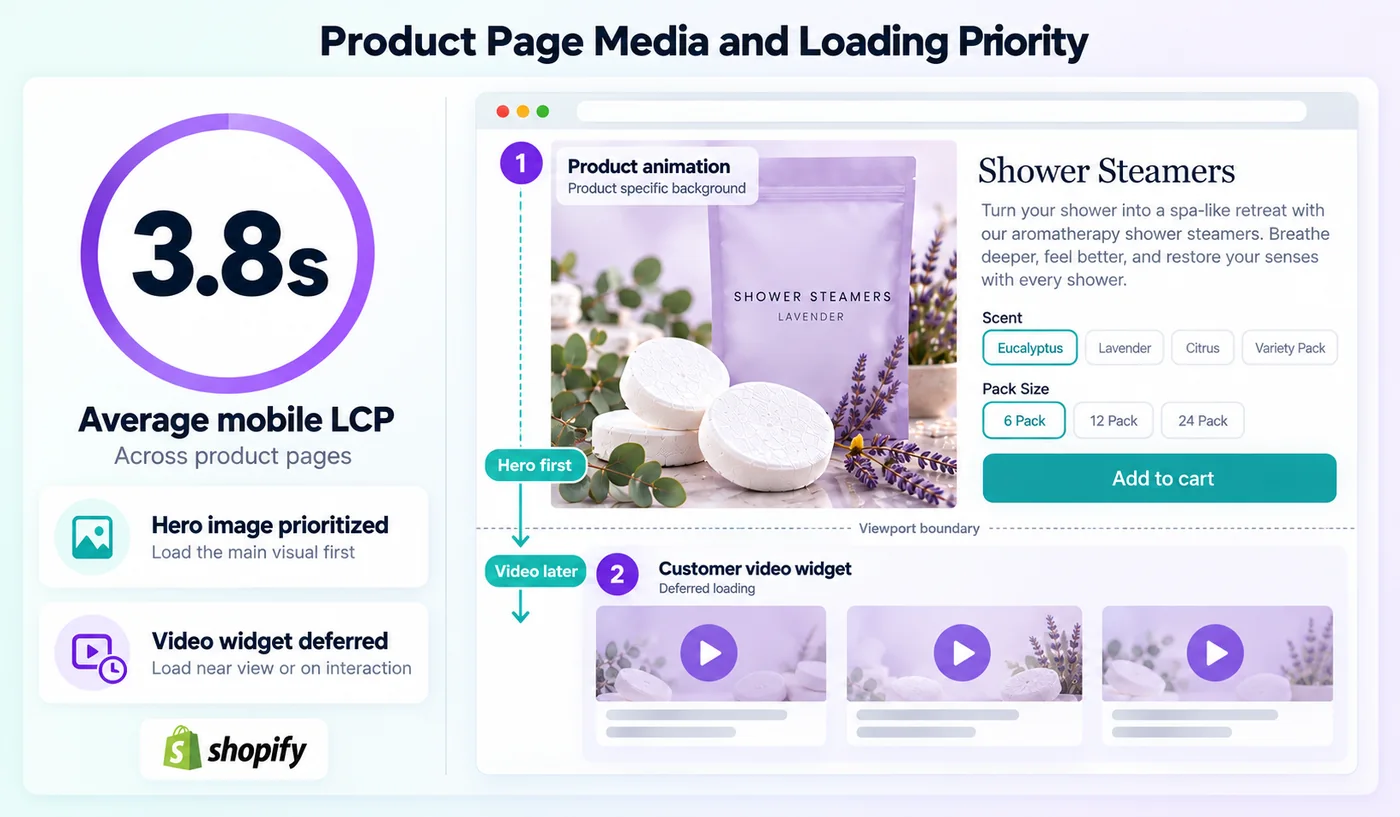 Product detail page layout diagram showing the branded background animation above the fold and the deferred customer video widget below the fold
