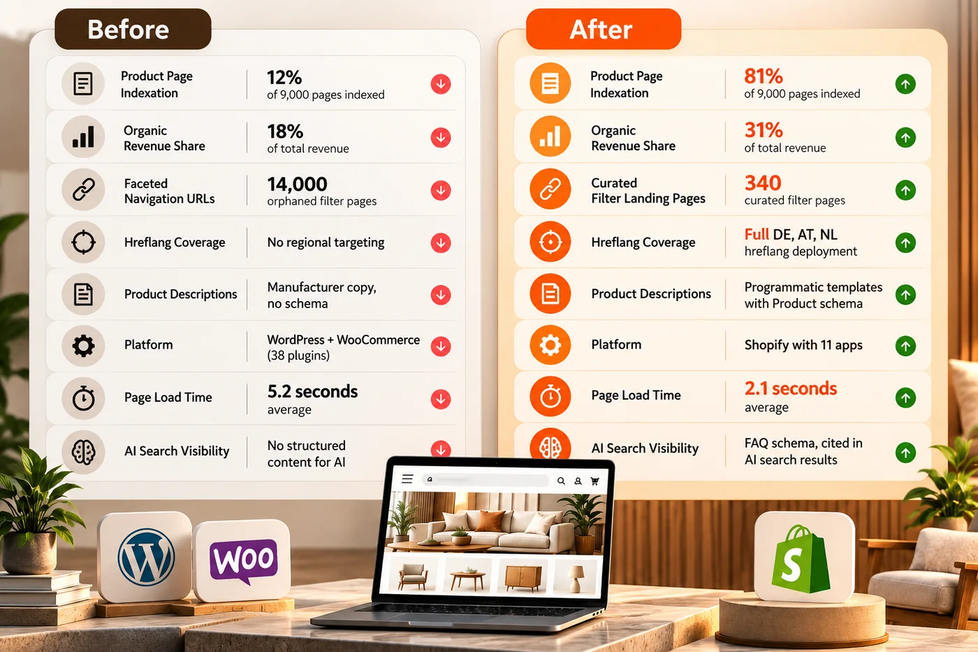 Before and after comparison showing product indexation rising from 12% to 81% and organic revenue share from 18% to 31%
