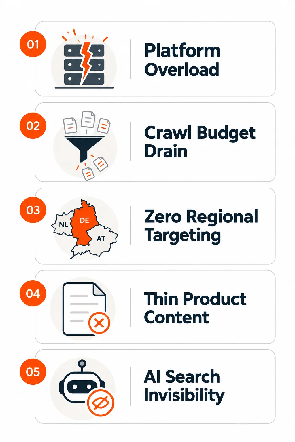Five ecommerce SEO challenges, platform overload, crawl budget, hreflang, thin content, AI invisibility