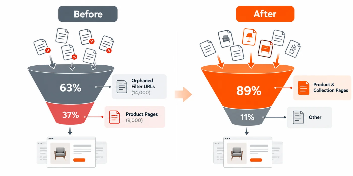Crawl budget shift from 63% wasted on filter URLs to 89% on product pages