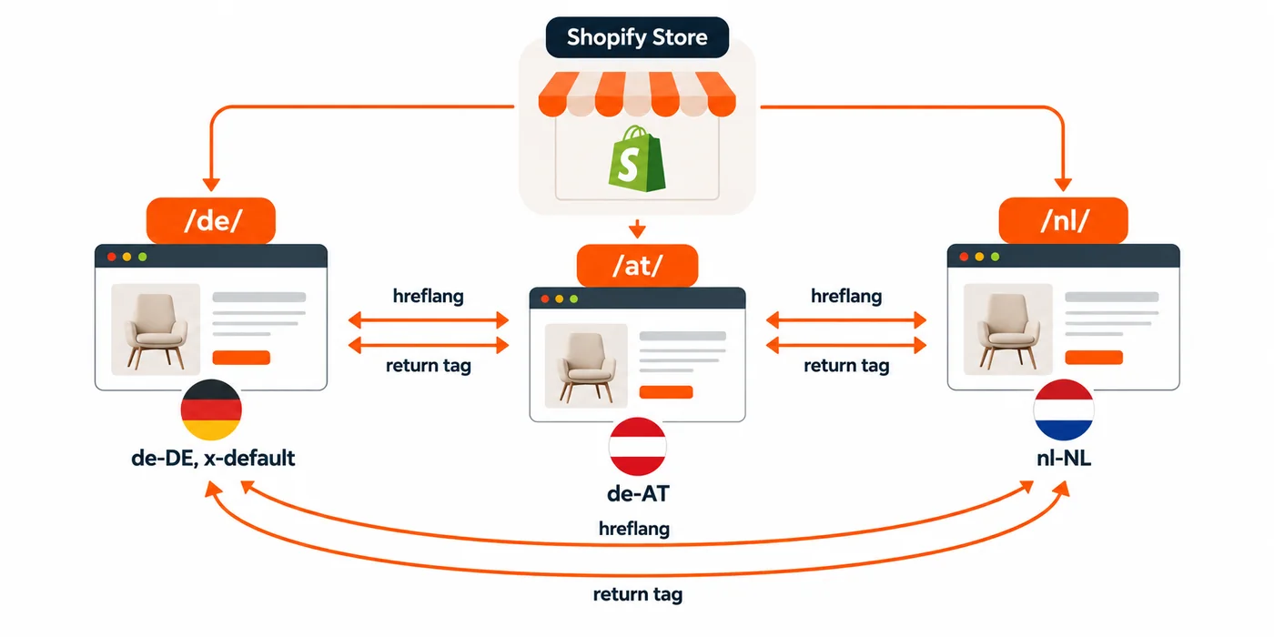 Hreflang architecture connecting DE, AT, and NL market pages from one Shopify domain