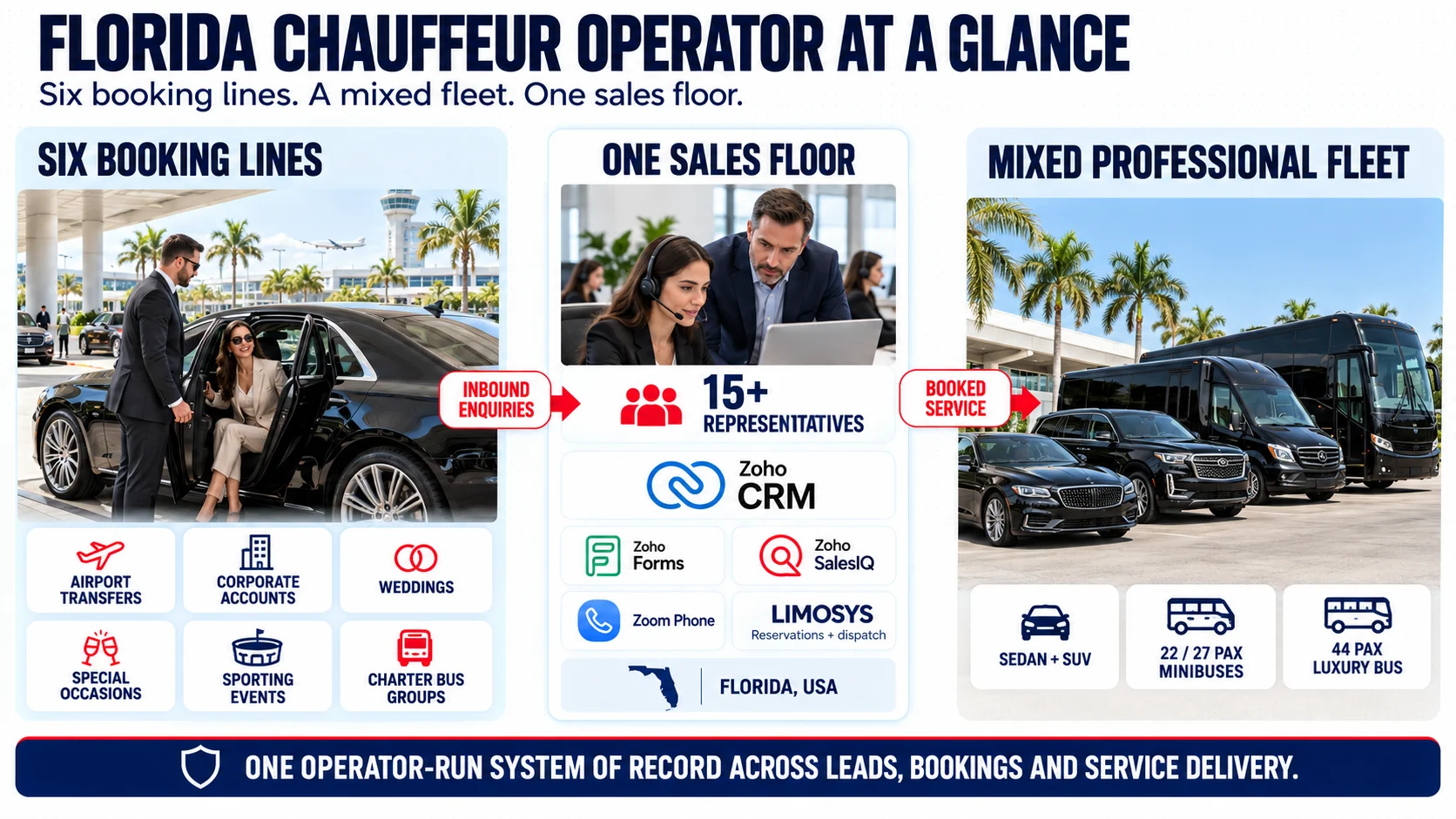 Florida chauffeur operator with six booking lines, a 15 plus representative sales floor and a mixed professional fleet