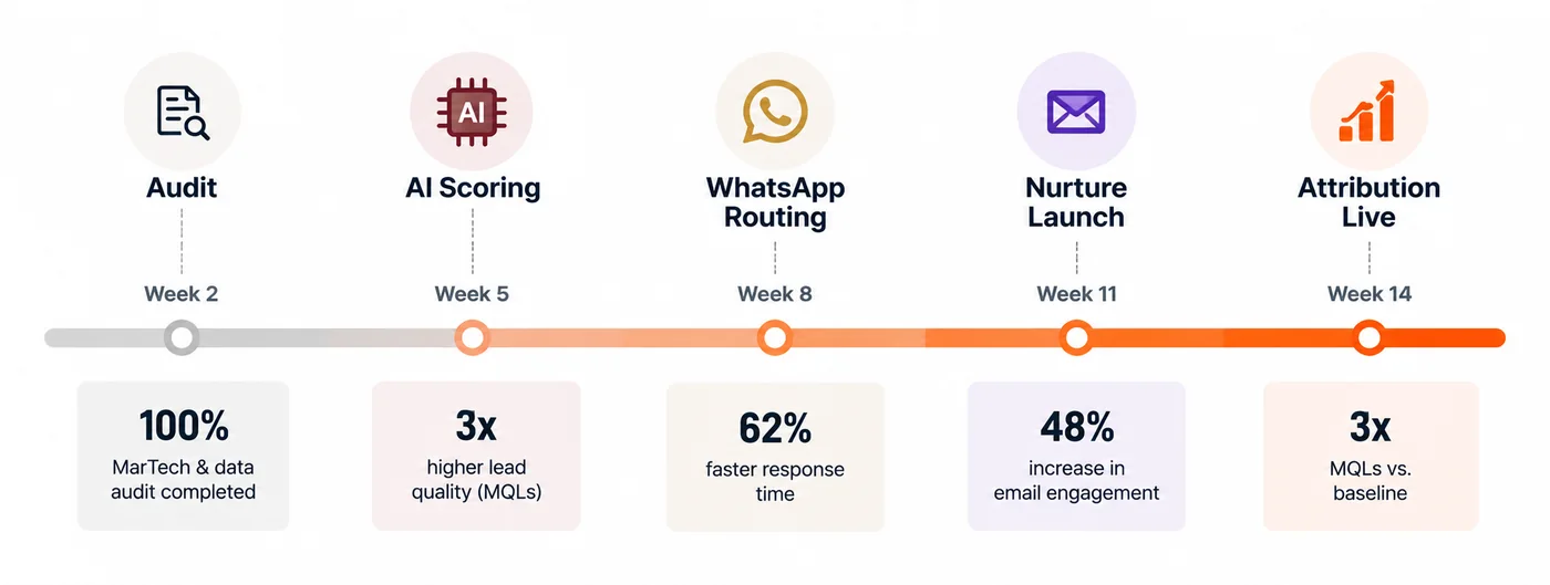 Timeline infographic showing the five phases of the 14 week AI marketing automation engagement with phase outcomes