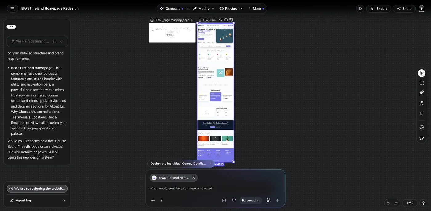 Google Stitch workspace during sitemap and homepage design
