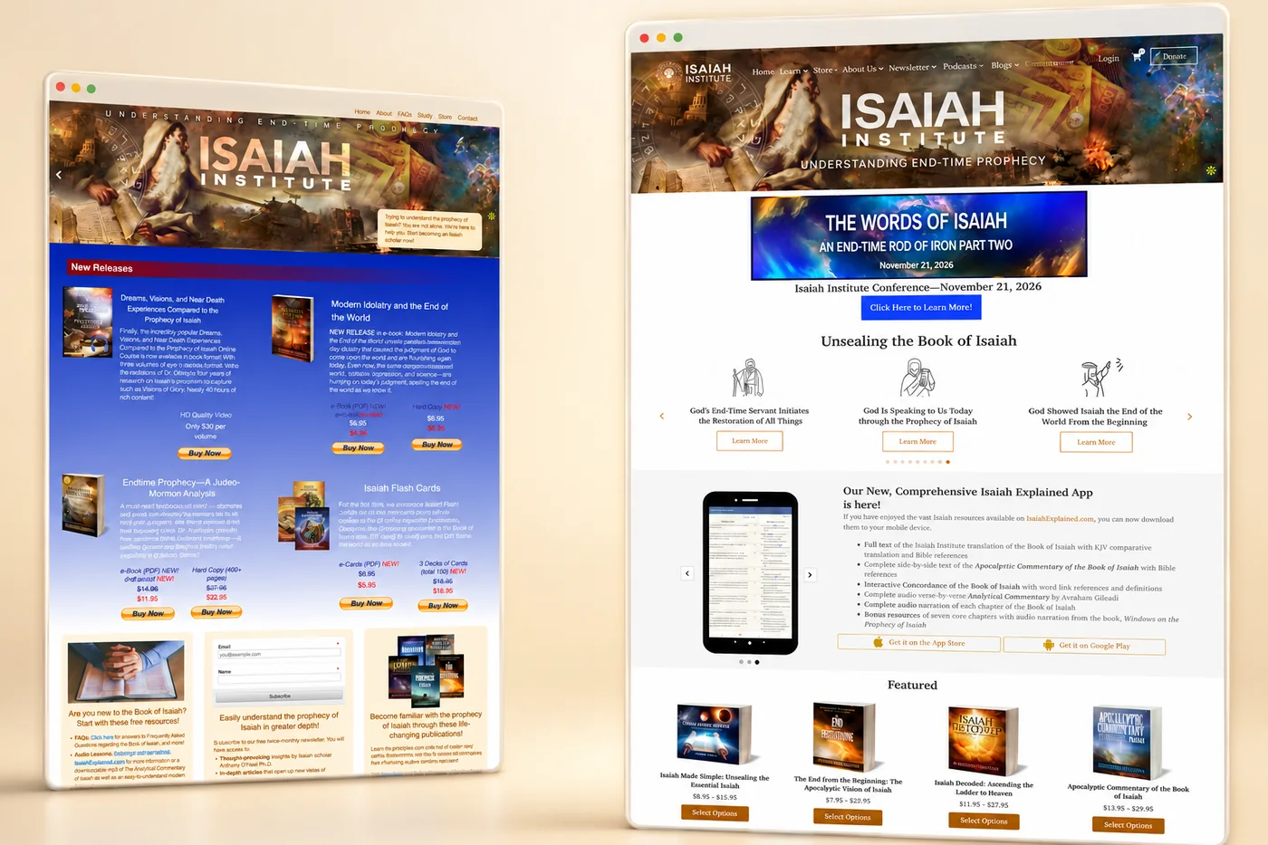 Side by side comparison of the Isaiah Institute website before and after redesign, showing the dense legacy catalogue on the left and the clearer modular content and commerce platform on the right.