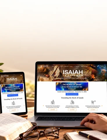 The redesigned Isaiah Institute website displayed on a laptop and tablet in a warm scholarly study setting with an open book, glasses, and notebook.