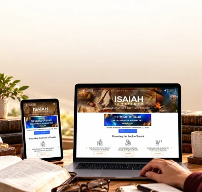 The redesigned Isaiah Institute website displayed on a laptop and tablet in a warm scholarly study setting with an open book, glasses, and notebook.