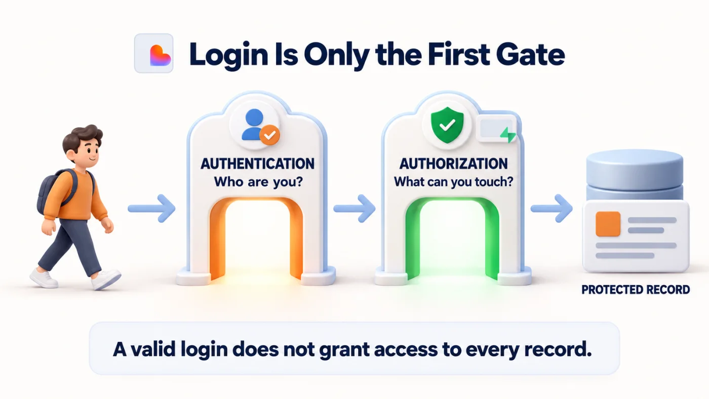 A user moving through 2 sequential gates: Authentication asks who the user is, Authorization asks what the user can access, and only then can the user reach a protected database record