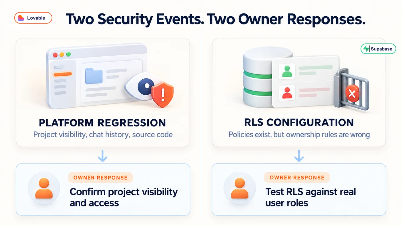 2 column comparison of Lovable security events: a platform regression involving project visibility, chat history, and source code leads to checking visibility and access, while an RLS configuration failure leads to testing ownership rules against real user roles
