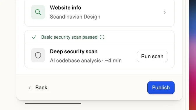 Lovable publish dialog showing that the basic security scan passed and offering a separate Deep security scan for AI codebase analysis before publishing