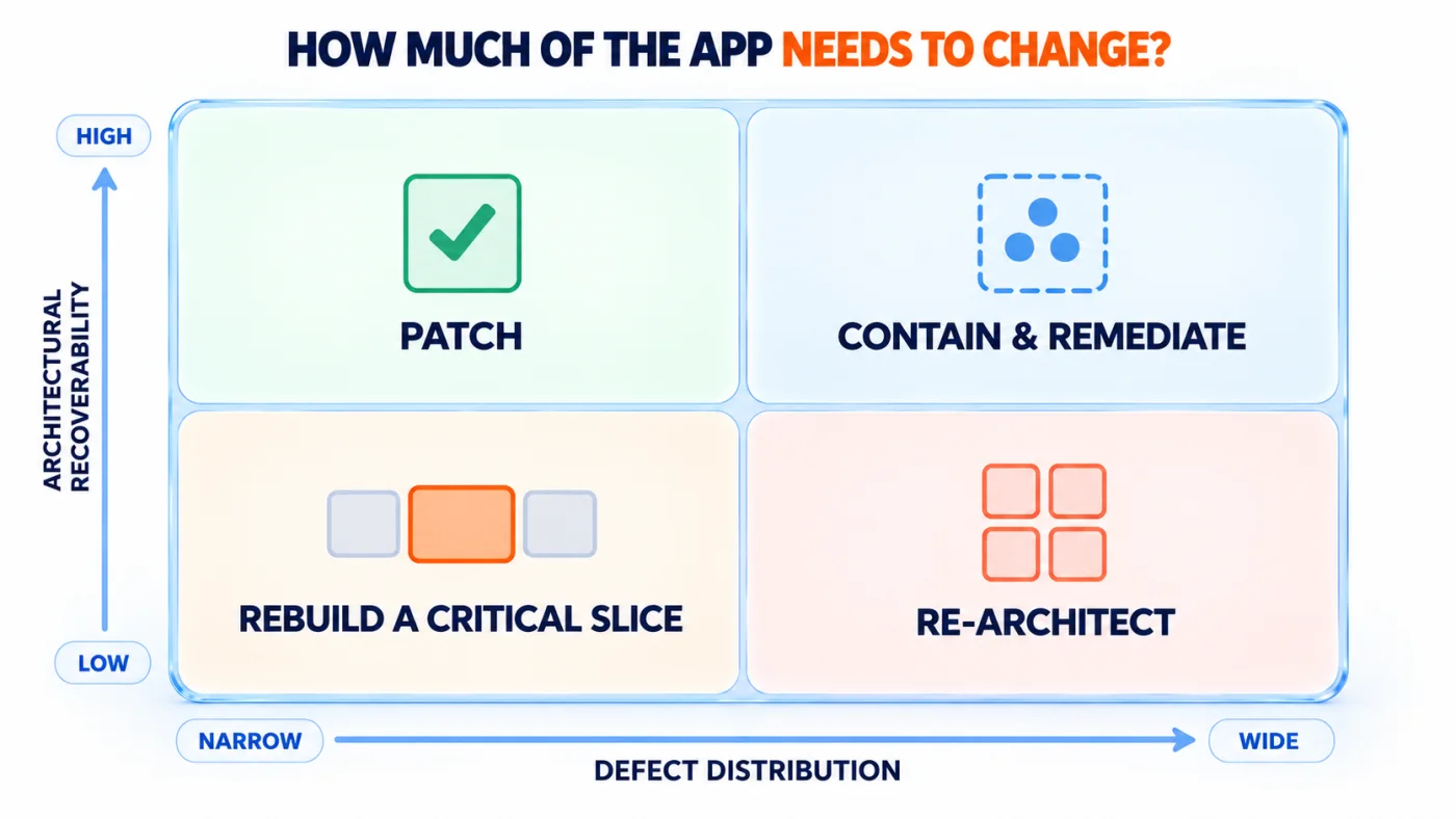 Decision matrix for a Lovable app showing patch, contain and remediate, rebuild a critical slice, or rearchitect based on defect distribution and architectural recoverability