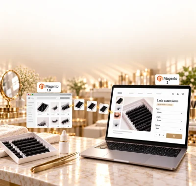 A silver laptop displaying a lash extensions storefront in an ivory and champagne setting. Product cards transition from an earlier Magento 1.9 catalog window toward Magento 2, with official Magento version badges and clear space across the top.
