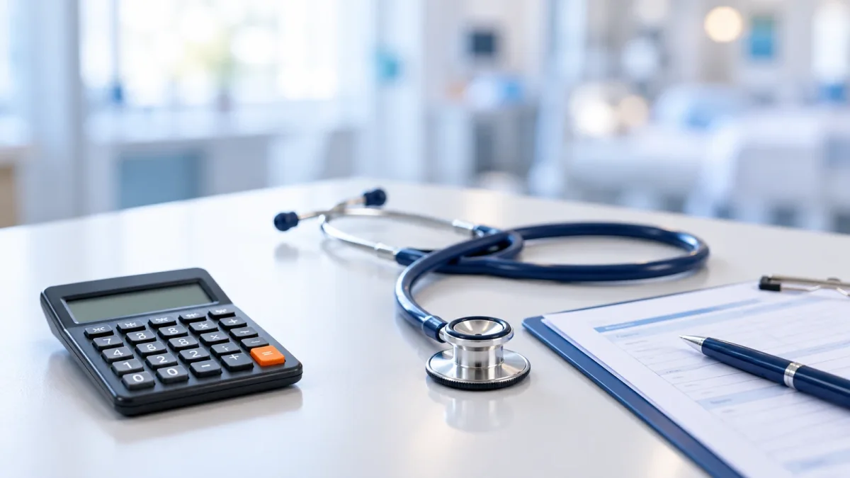 A pocket calculator beside a stethoscope and clinical worksheet on a hospital desk.