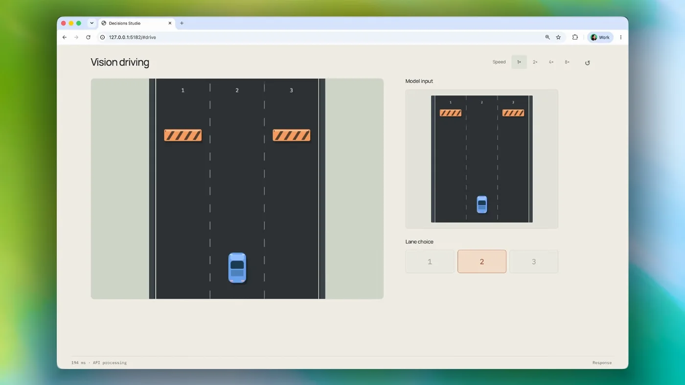 OpenAI Decisions API vision driving demonstration selecting lane 2 from three permitted choices