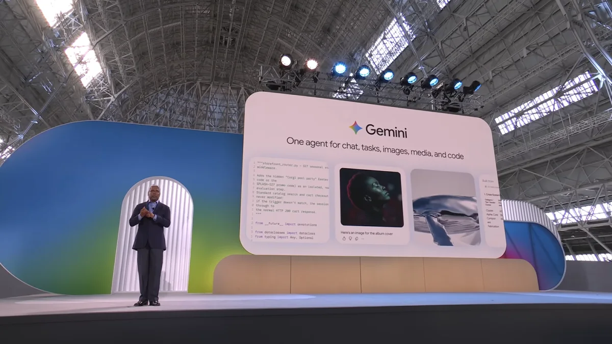 Google Cloud CEO Thomas Kurian presenting Gemini onstage at Gemini at Work 2026, with a screen describing one agent for chat, tasks, images, media, and code