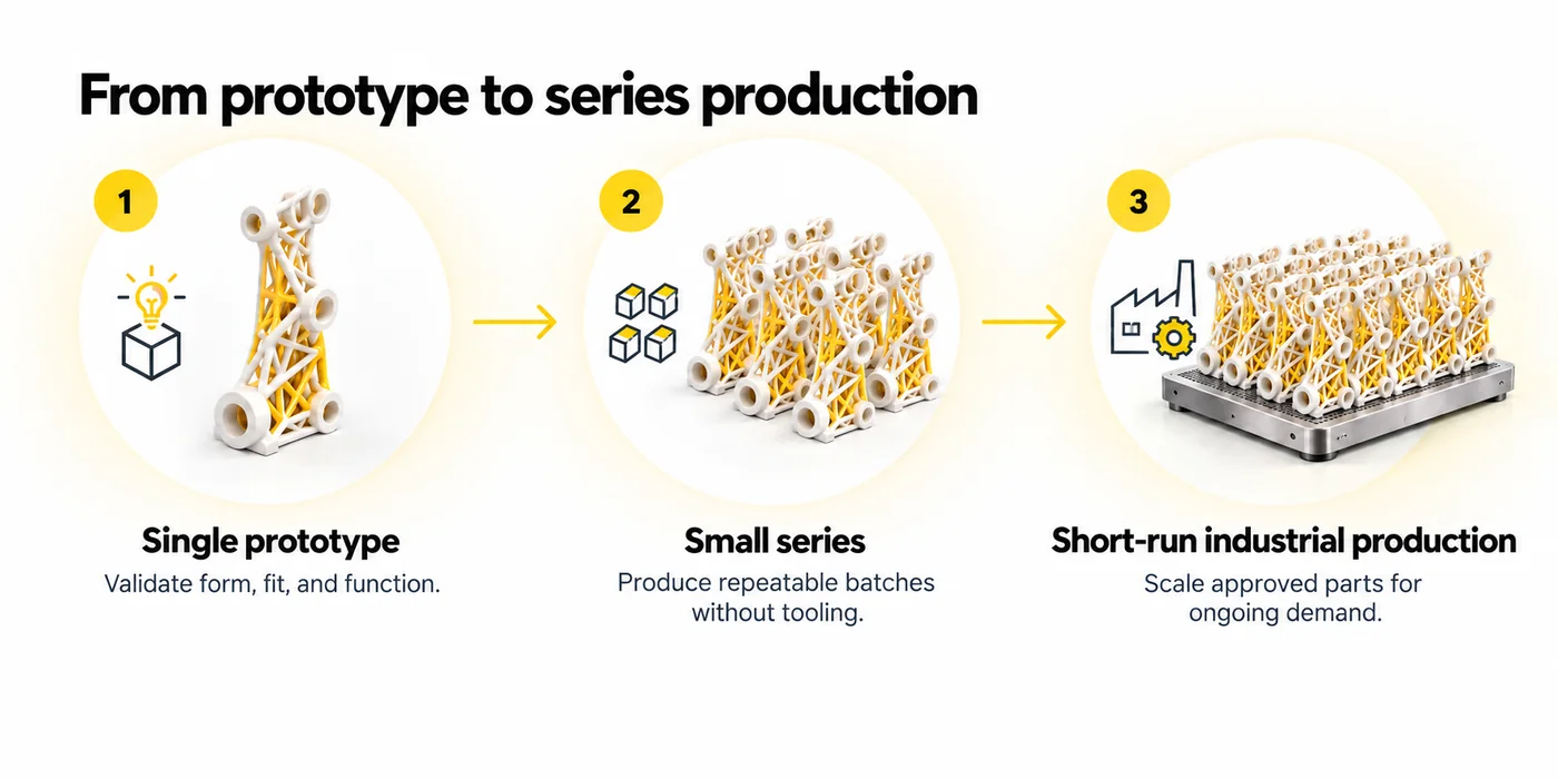 Three-stage production spectrum showing one 3D-printed prototype progressing to a repeatable small batch and then to short-run industrial production, connected by yellow arrows.
