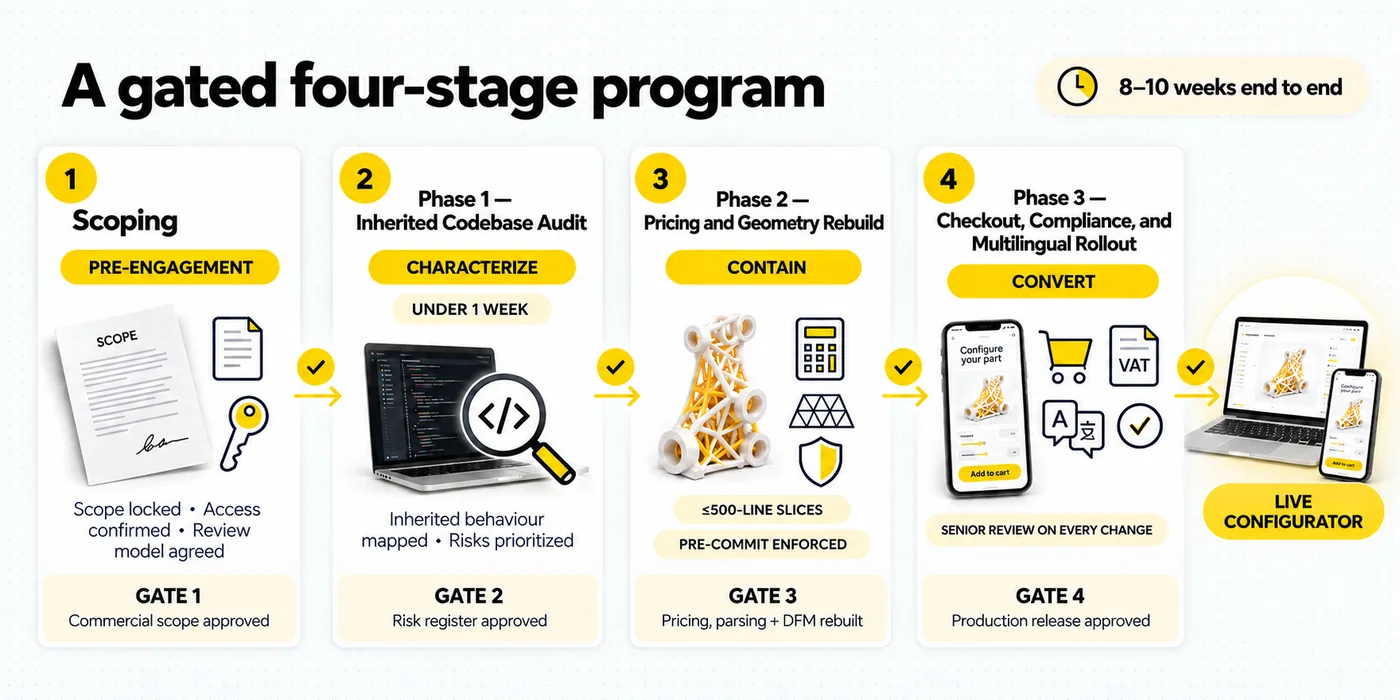 Four equal gated-program cards show Scoping; the Phase 1 inherited codebase audit mapped to Characterize; the Phase 2 pricing and geometry rebuild mapped to Contain with a 500-line slice ceiling and pre-commit enforcement; and the Phase 3 checkout, compliance, and multilingual rollout mapped to Convert with senior engineer review. Each stage ends in a Client approval gate and the sequence leads to a live configurator.