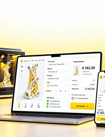 An enclosed 3D printer produces a white-and-yellow lattice component beside a laptop displaying an instant 3D printing quote with STL, STEP, 3MF, OBJ, and IGES upload support, and an iPhone showing the installed mobile PWA.