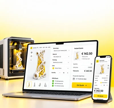 An enclosed 3D printer produces a white-and-yellow lattice component beside a laptop displaying an instant 3D printing quote with STL, STEP, 3MF, OBJ, and IGES upload support, and an iPhone showing the installed mobile PWA.