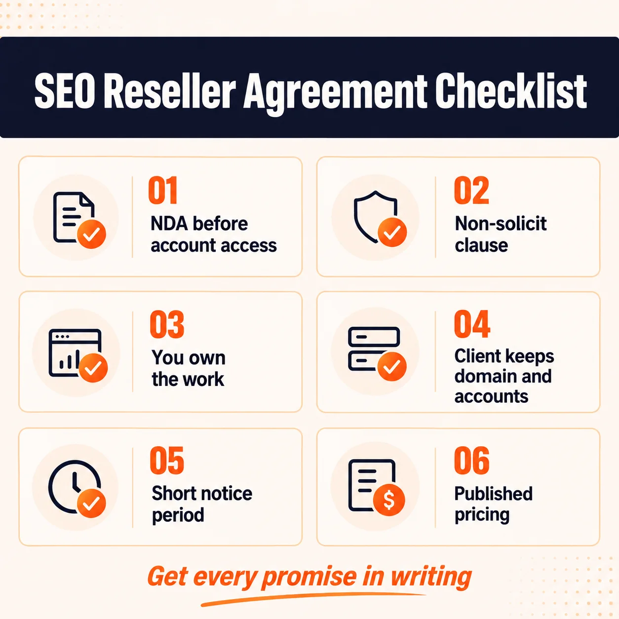 Checklist of 6 clauses every private label SEO reseller agreement should include
