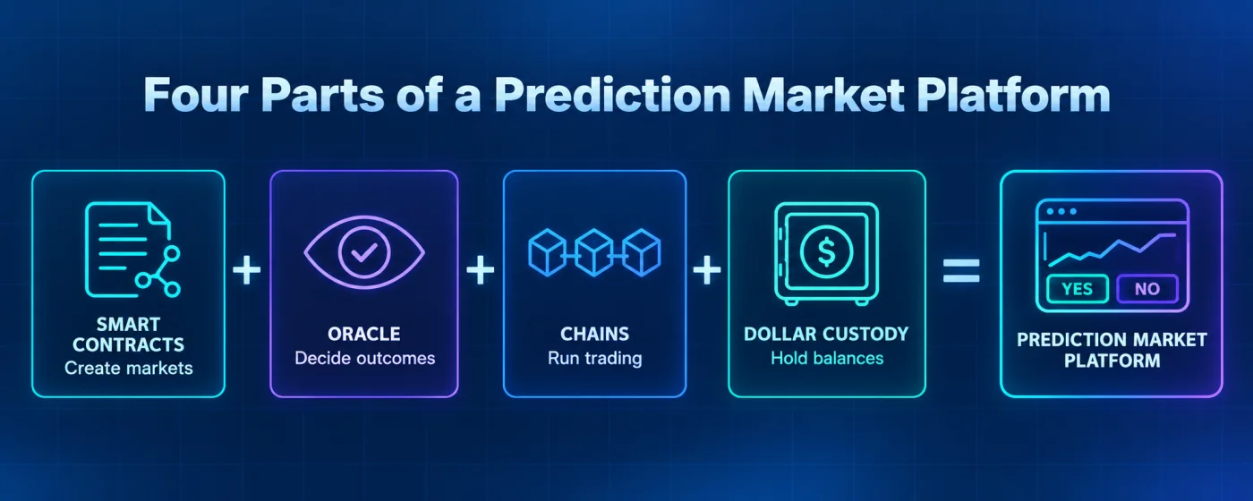 Four parts of a prediction market platform. Smart contracts settle markets, an oracle decides outcomes, chains run trading, custody holds balances.