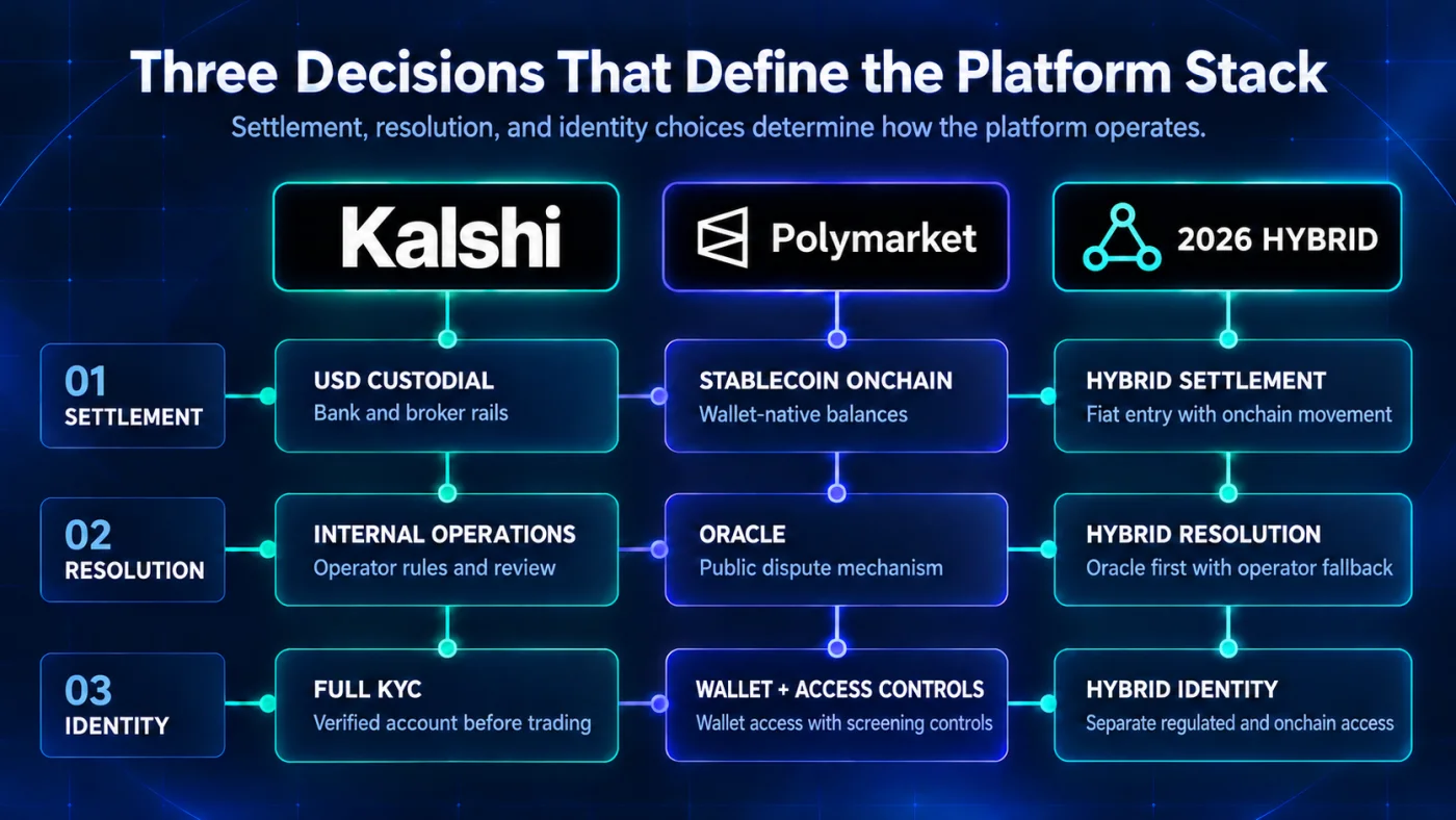 How Kalshi, Polymarket and a 2026 hybrid each resolve settlement, resolution and identity.
