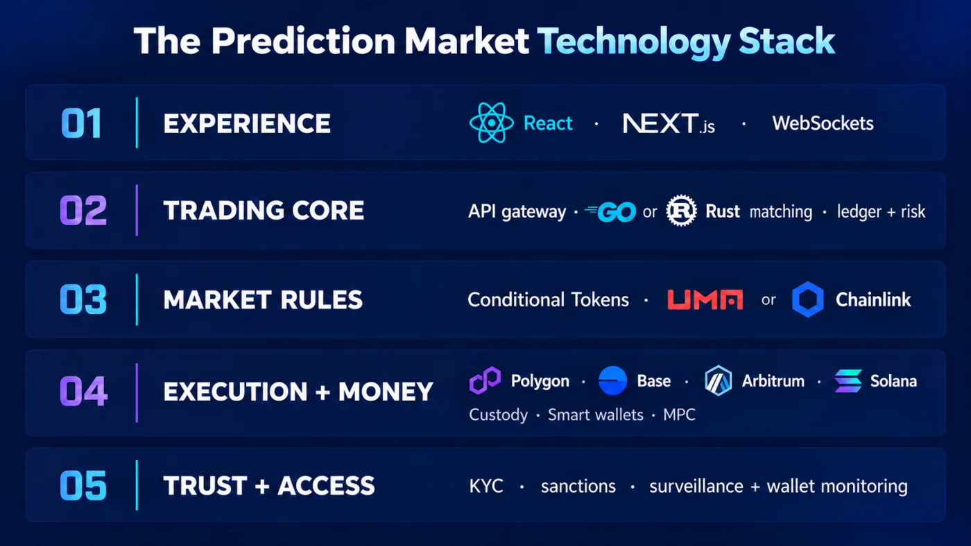 Prediction market technology stack by layer, from React frontend and matching engine through ledger, smart contracts, oracle, custody and KYC.