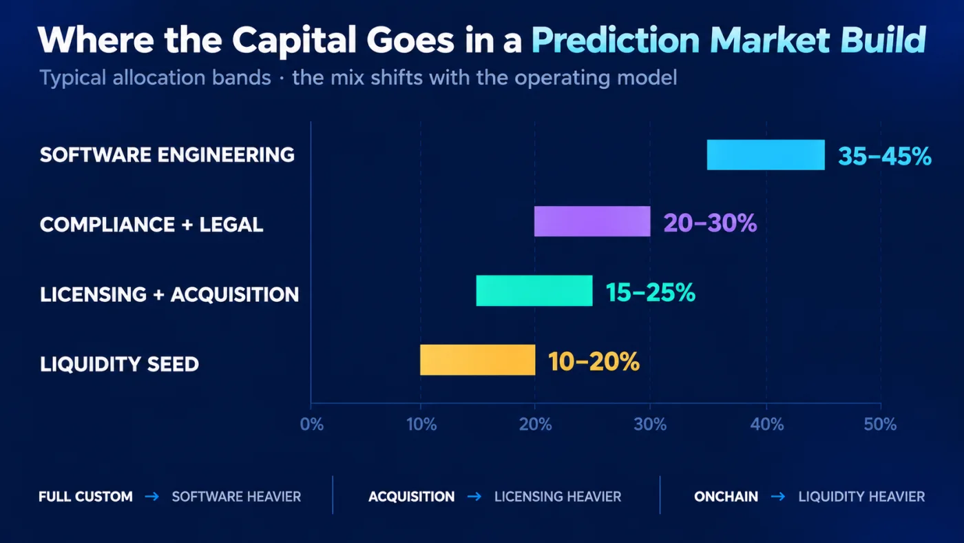 Cost allocation across a prediction market build. Engineering 35 to 45 percent, compliance 20 to 30, licensing 15 to 25, liquidity seed 10 to 20.