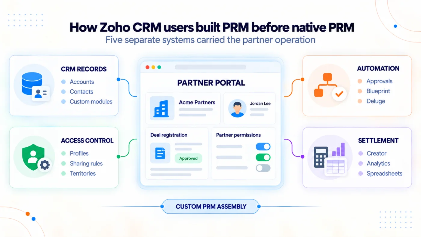 Five connected interface cards show the historical Zoho CRM PRM assembly, with CRM records and access controls feeding a central partner portal and automation and settlement systems connected on the right.