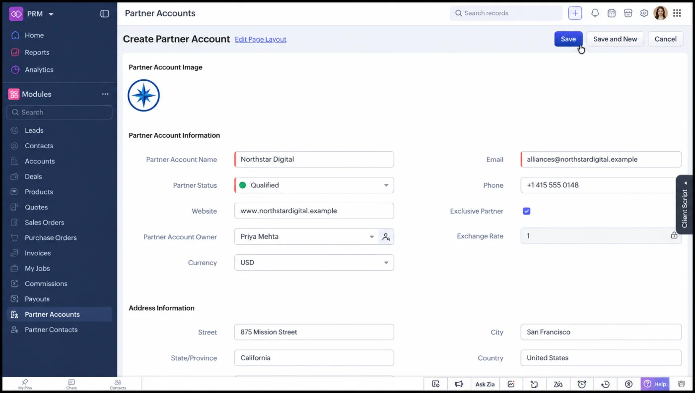 Zoho CRM PRM Create Partner Account form populated with fictional Northstar Digital account details, ownership, contact information and address fields.