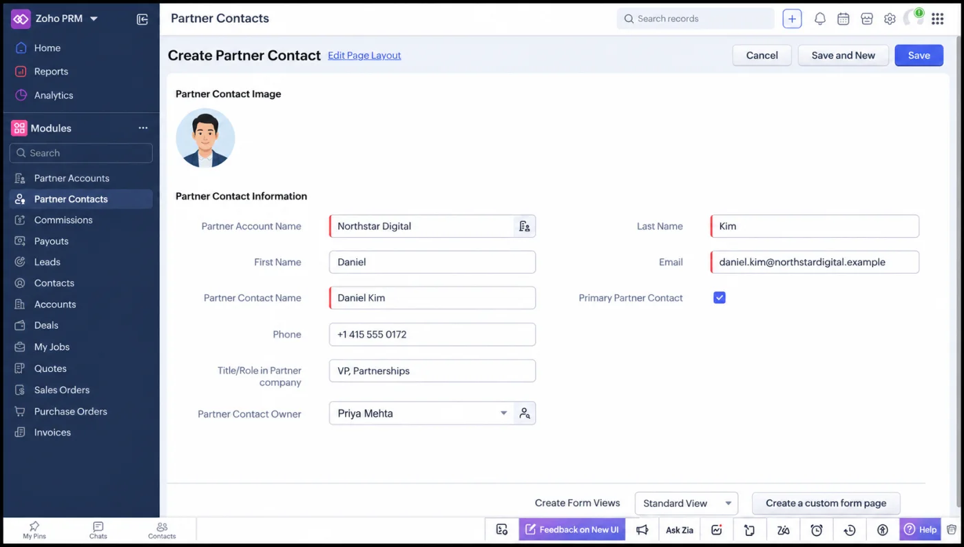 Zoho CRM PRM Create Partner Contact form populated with fictional Northstar Digital primary contact Daniel Kim, including contact details, role and record ownership.