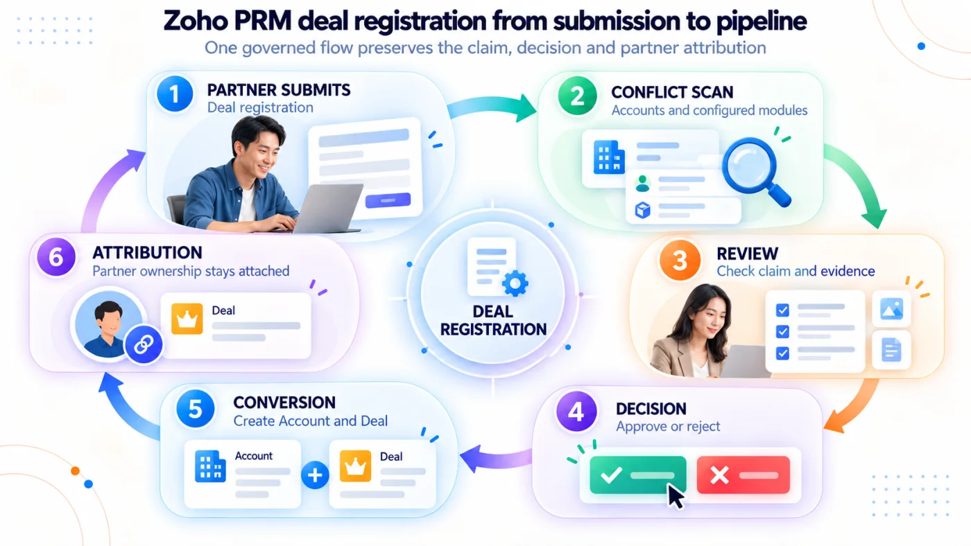 Six step circular Zoho PRM deal registration flow showing a partner submitting a registration, conflict scanning, reviewer assessment, approval or rejection, conversion to CRM Account and Deal records, and retained partner attribution.