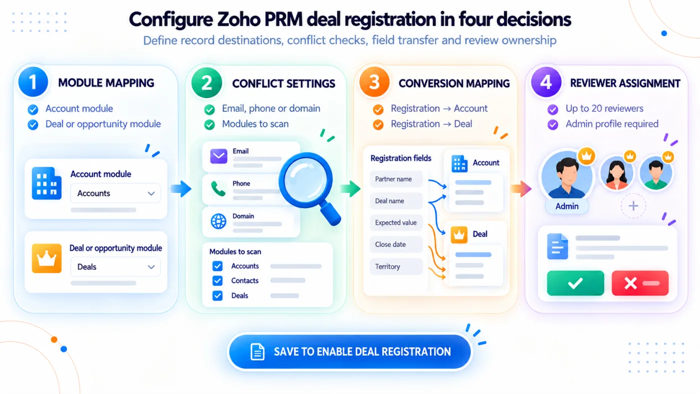 Four step Zoho PRM deal registration configuration flow showing module mapping, conflict settings, field conversion mapping and reviewer assignment, ending with saving the configuration to enable deal registration.