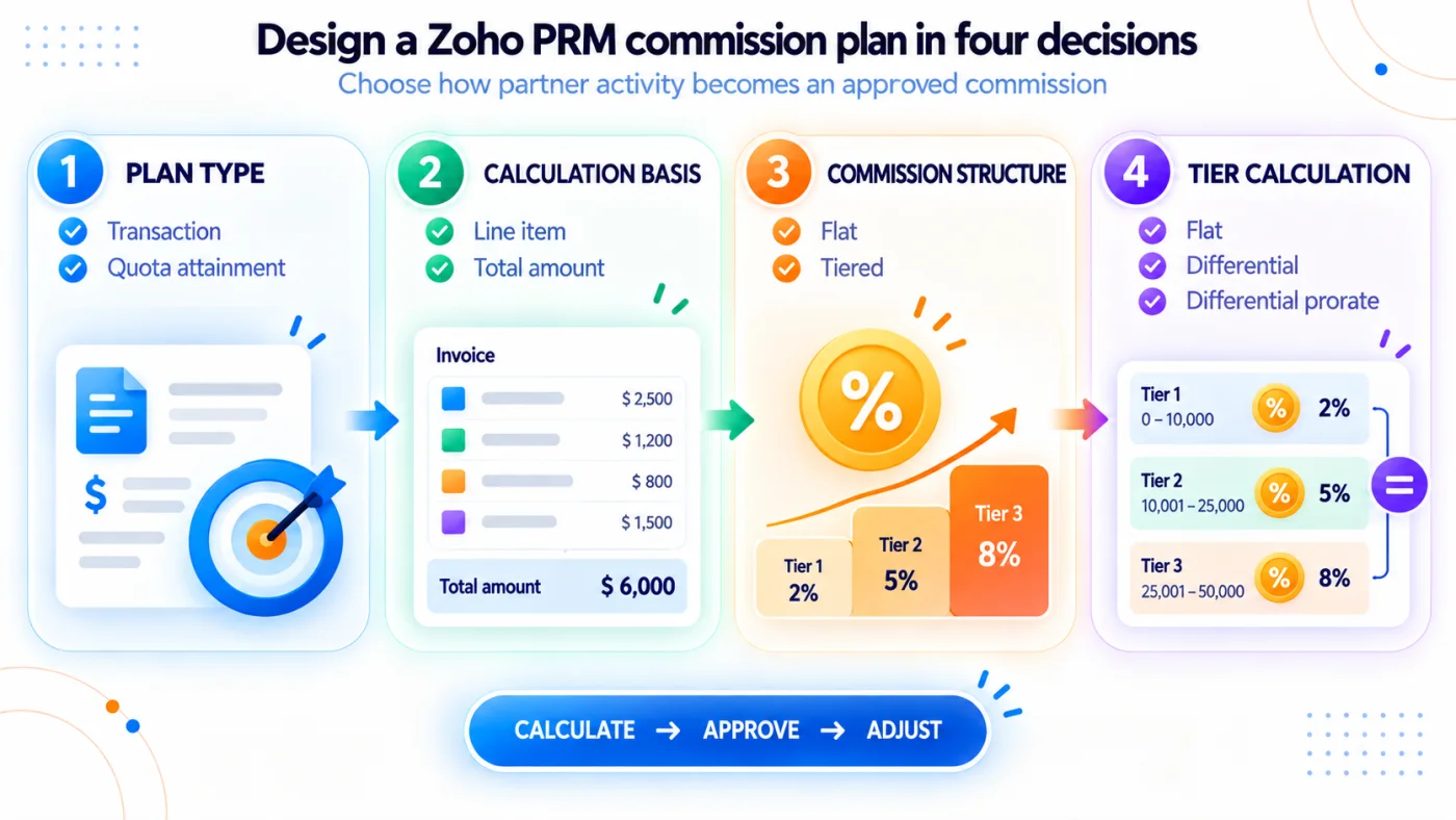 Four decision cards show how a Zoho PRM partner commission plan is configured by selecting plan type, calculation basis, commission structure and tier calculation method.