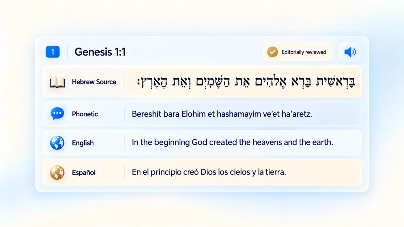 Genesis 1:1 displayed in a glassmorphic reading panel with four labelled rows: the Hebrew source text, phonetic Latin transliteration, English translation, and Spanish translation, plus an editorially reviewed status and audio control