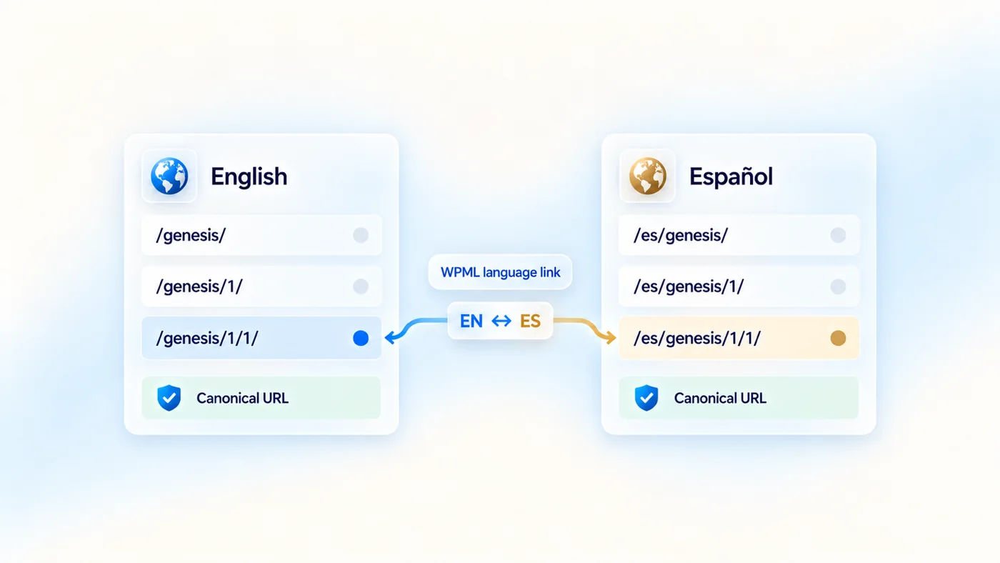 Side by side English and Spanish canonical URL cards showing Genesis book, chapter, and verse paths, with the Spanish records under the slash es namespace and corresponding verse URLs connected by a WPML language link