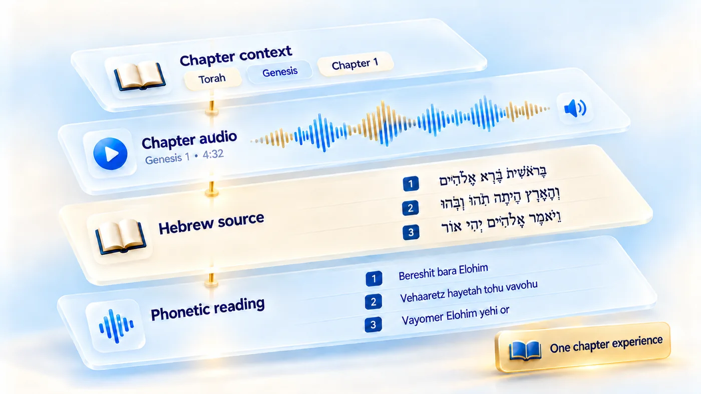 Conceptual exploded view of a Scripture chapter formed from four aligned layers: Torah, Genesis, and chapter context; a blue and gold chapter audio waveform; numbered Hebrew source fragments; and corresponding phonetic readings combining into one chapter experience