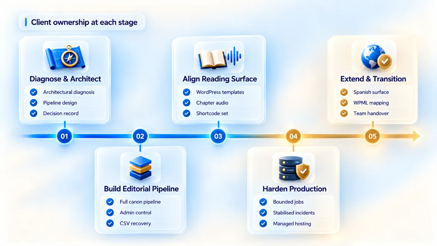 Five stage engagement timeline showing the Client owned deliverables accumulated across Diagnose and Architect, Build Editorial Pipeline, Align Reading Surface, Harden Production, and Extend and Transition