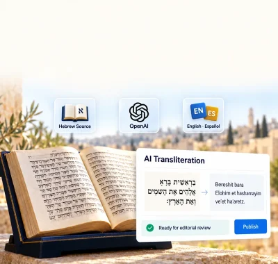 Glassmorphic Hebrew Scripture publishing workflow with an authoritative Hebrew source, OpenAI assisted transliteration, English and Spanish outputs, editorial review, and a published reading surface over a softly faded Jerusalem and open book background