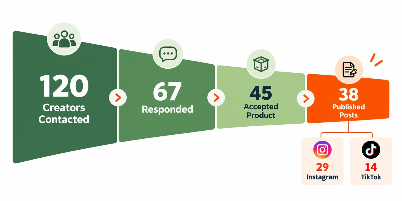 Funnel diagram showing 120 creators contacted to 45 accepting to 38 posting